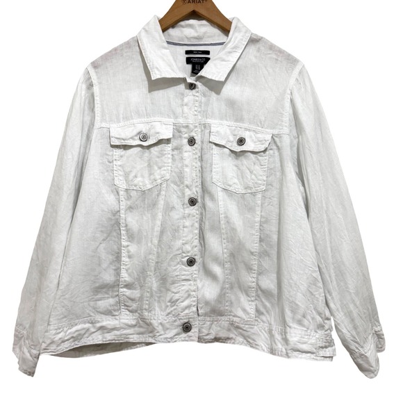 Jones New York Jackets & Blazers - Jones & Co Jones New York White 100% Linen Button Front Trucker Jacket Womens 1X